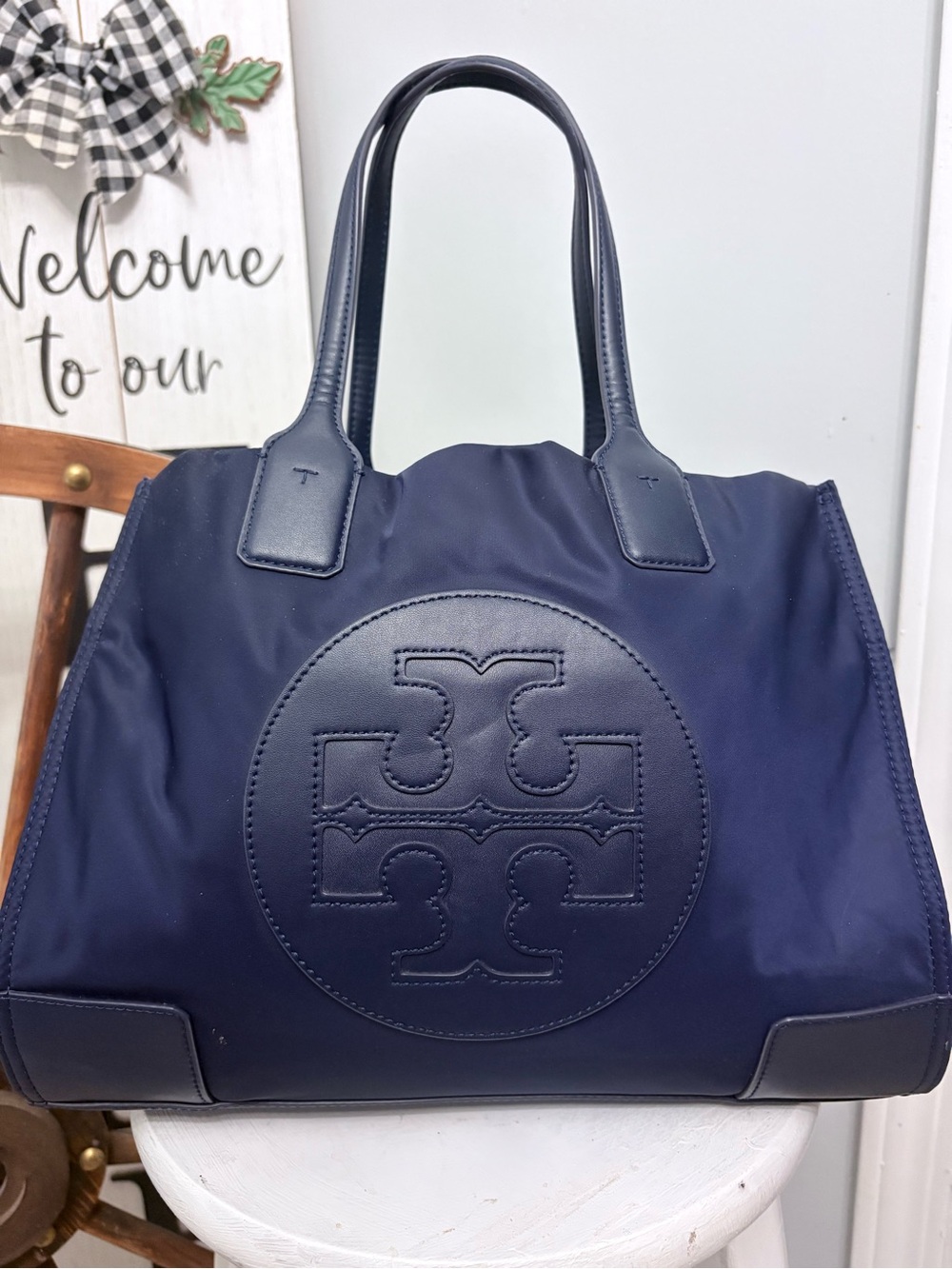 💙 TORY BURCH Dark Navy Ella Nylon Tote with Leather Trim NWOT 💙